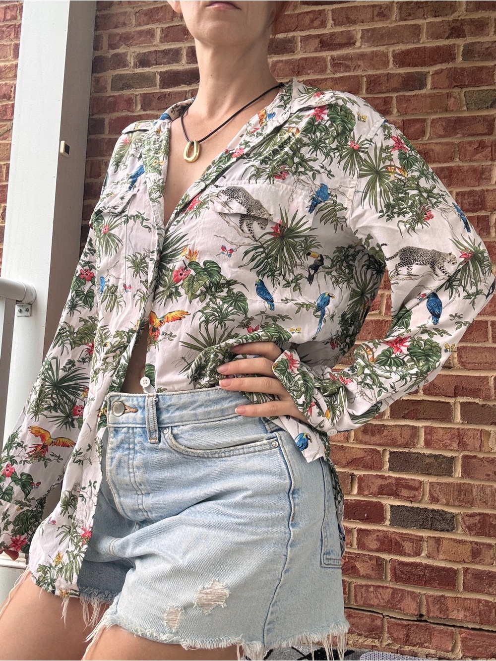 Equipment Tropical Botanical Button-Down Shirt - White/Green